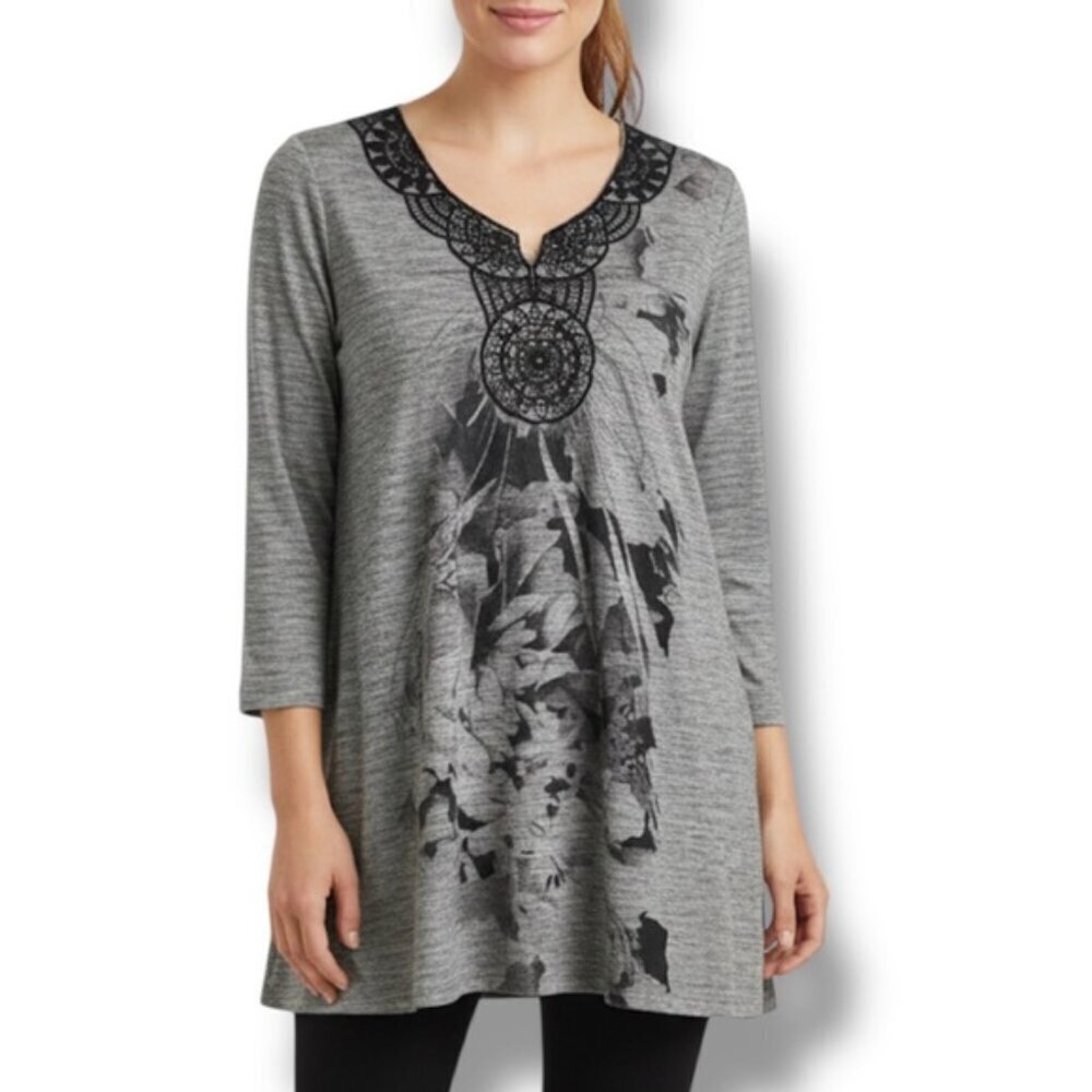 Covington Top Beaded Reflective Tunic Lace Floral 3/4 Sleeve Long Blouse Gray XL